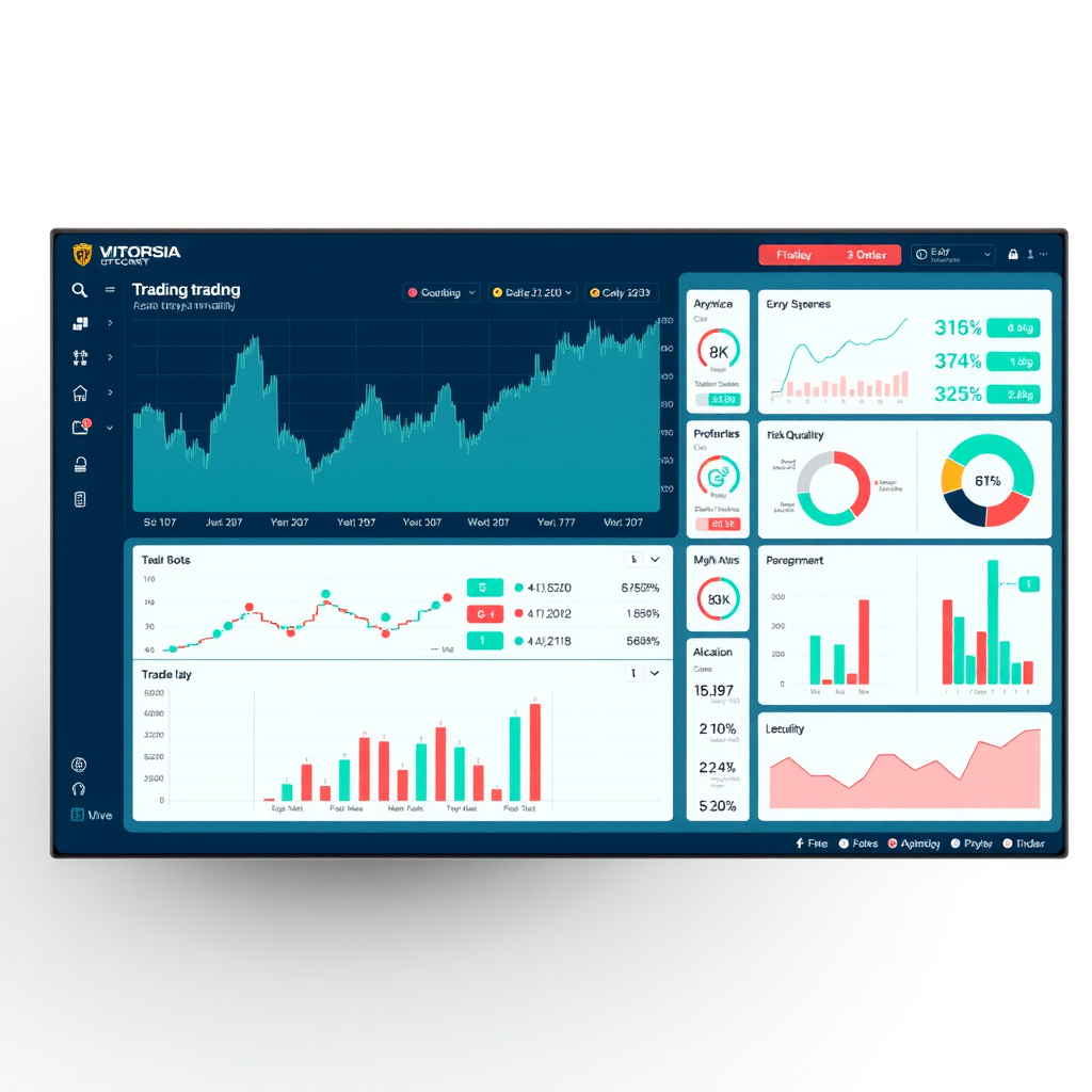 Advanced automated trading dashboard displaying real-time cryptocurrency market data, AI-powered trading bots performance metrics, portfolio allocation charts, and risk management indicators with modern teal and coral accent colors