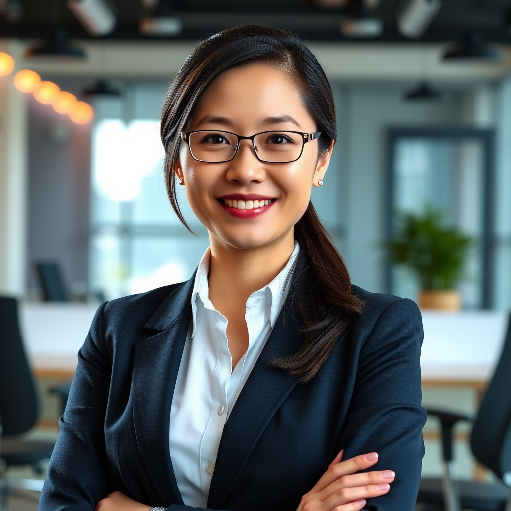 Professional headshot of Sarah Chen, Head of Crypto Trading, wearing business attire with a confident smile, modern office background