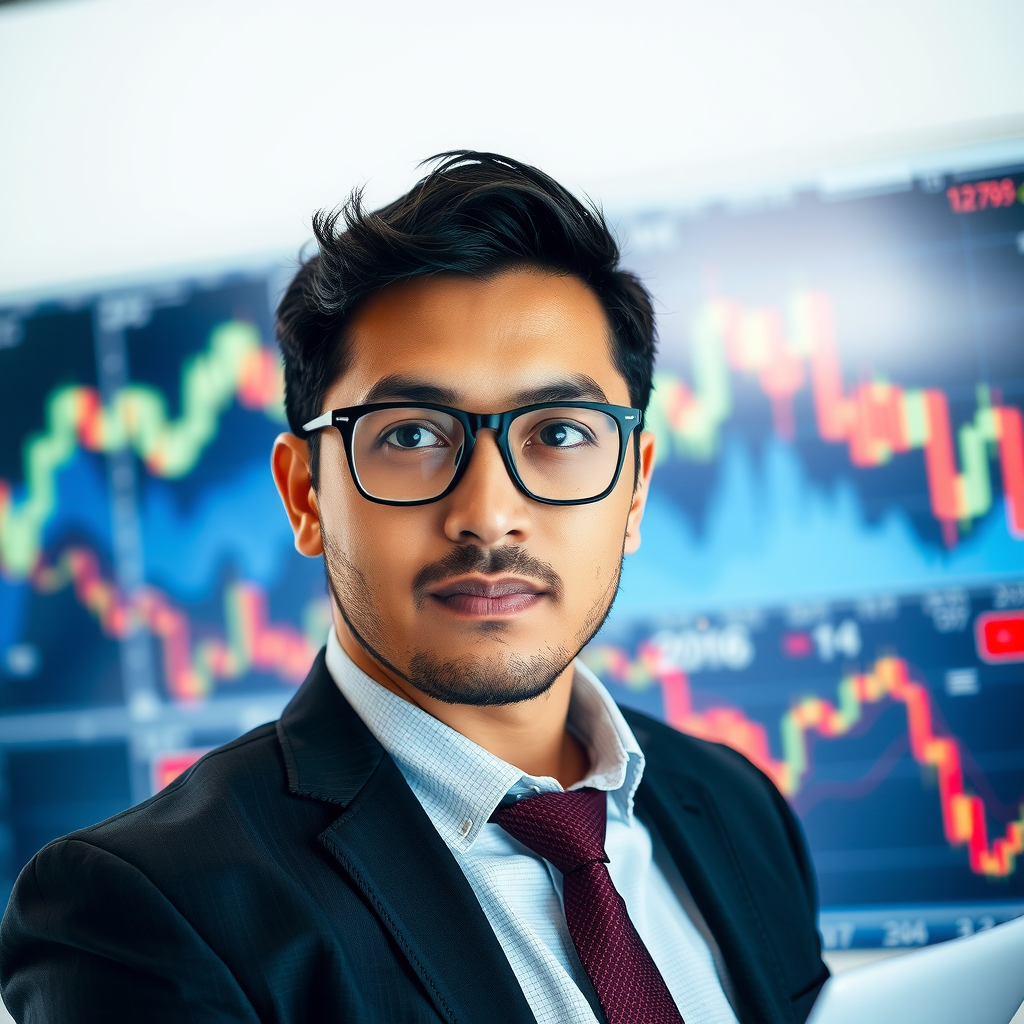 Professional headshot of Marcus Rodriguez, Senior Market Analyst, wearing glasses and business suit, analyzing financial charts in background