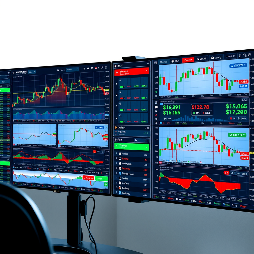 Multi-panel trading interface displaying multiple cryptocurrency charts simultaneously with technical indicators, volume analysis, and customizable layouts for professional traders