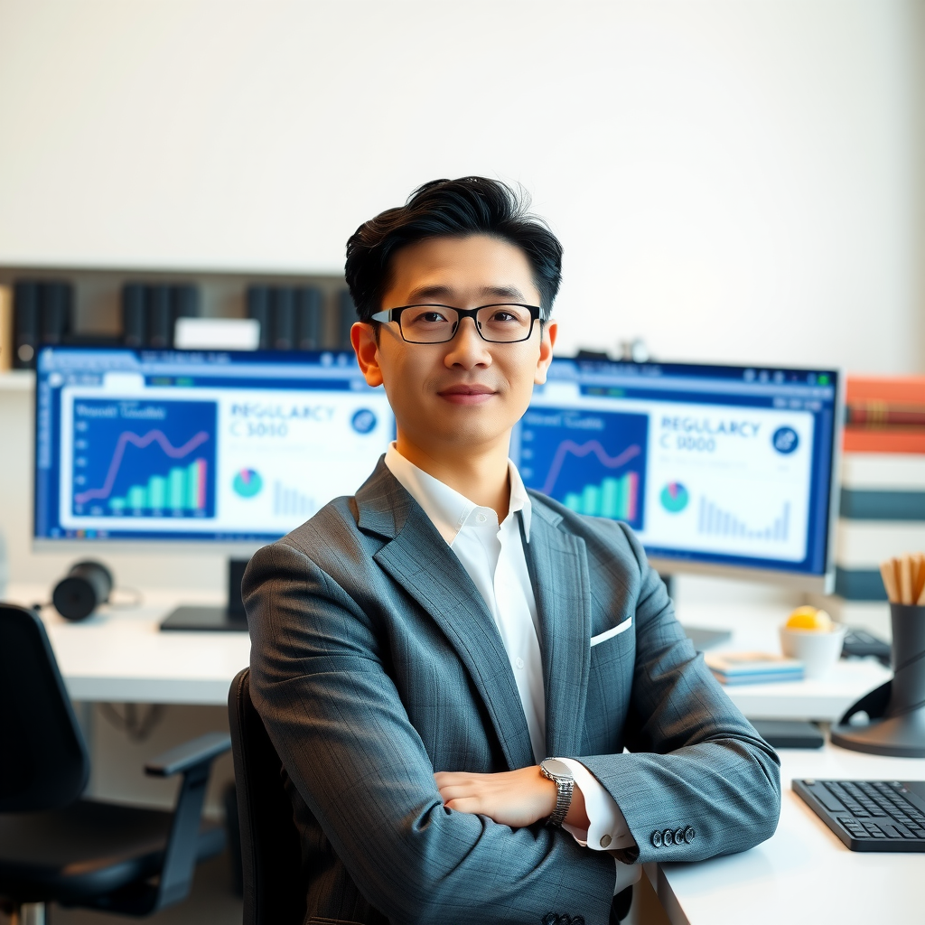 James Park in his office, sitting at a modern desk with dual monitors displaying regulatory compliance dashboards, law books on shelves behind him, wearing a professional suit, confident posture