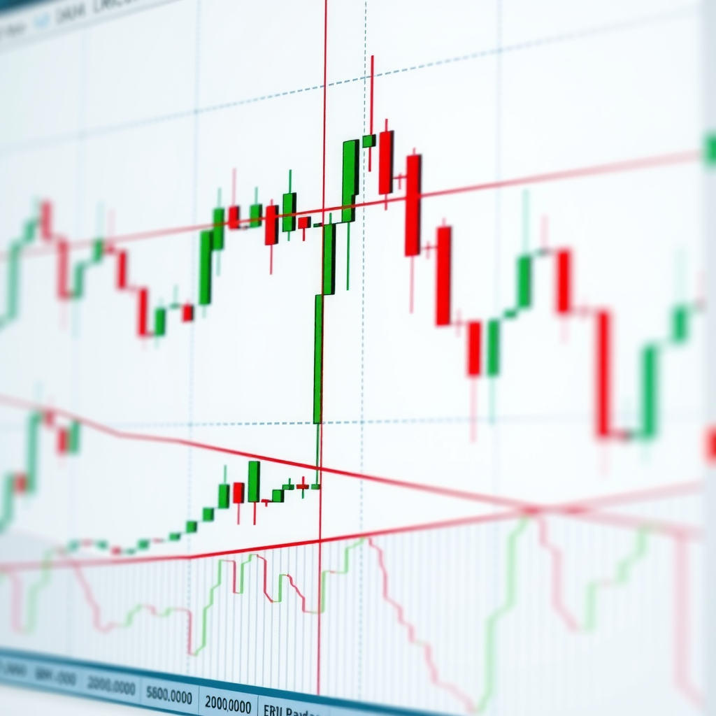 Detailed candlestick chart showing price patterns, trend lines, and technical indicators for cryptocurrency trading analysis with green and red candles indicating market movements