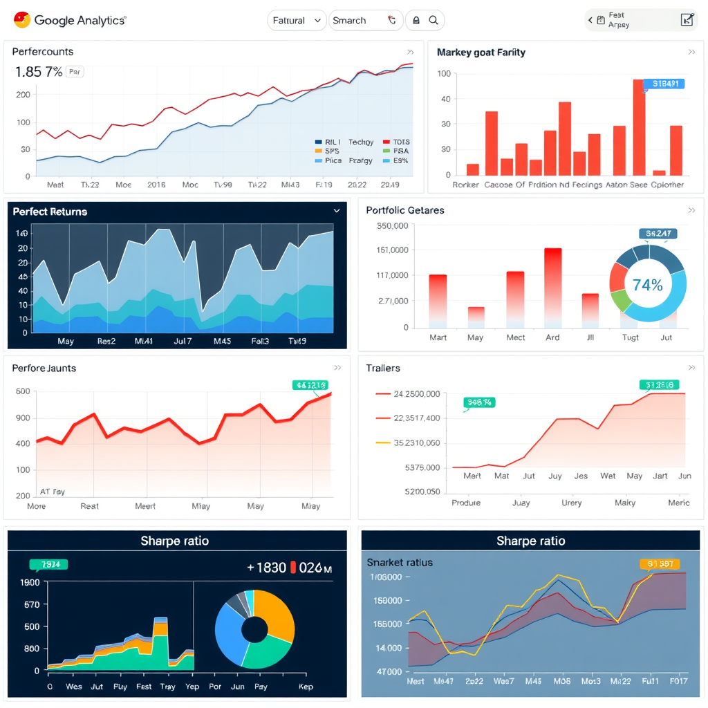 Detailed performance analytics dashboard featuring line charts of portfolio growth, bar graphs of monthly returns, heat maps of trading activity, Sharpe ratio calculations, and comparative performance metrics against market benchmarks