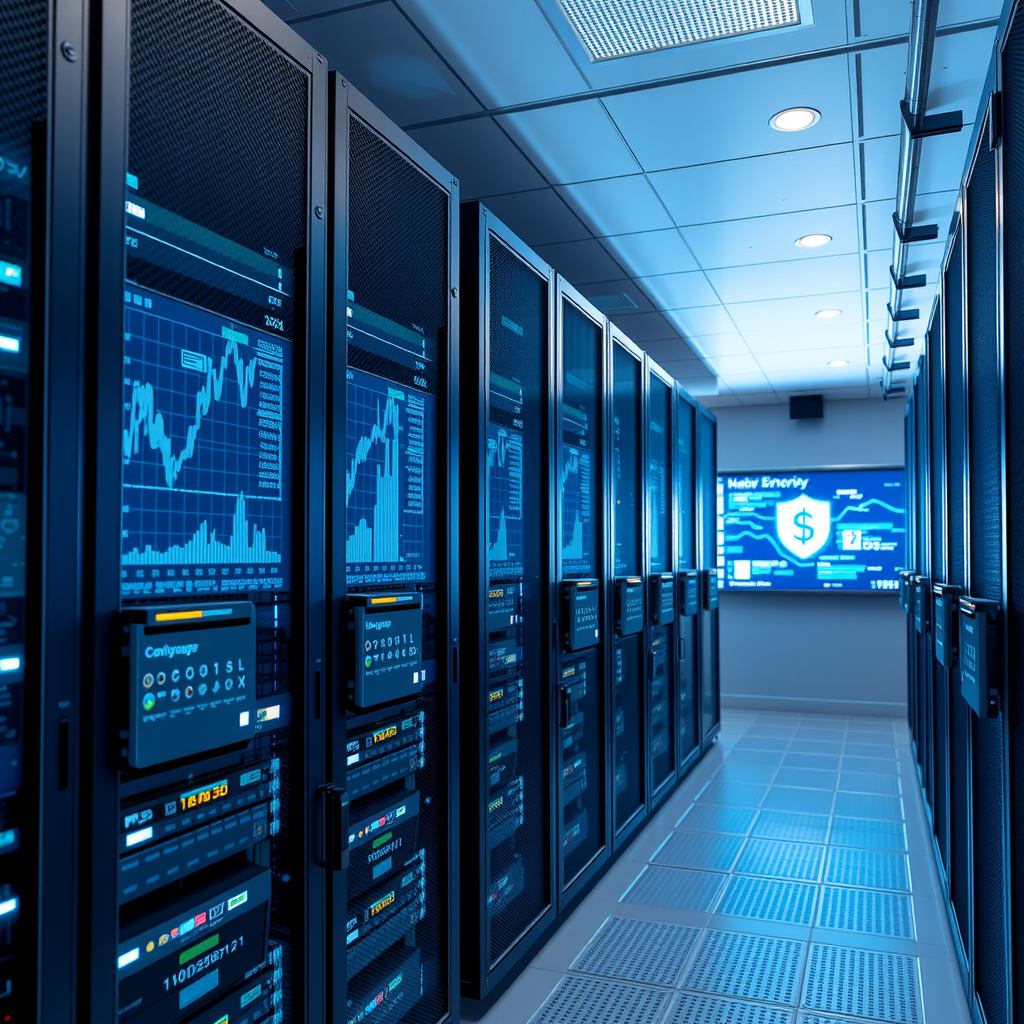 Modern secure data center with rows of servers, blue LED lights, biometric security scanners, and encrypted data visualization on screens, representing Wealthsimple's commitment to data security