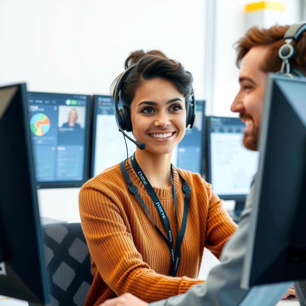 Friendly customer support representative wearing headset, smiling while helping a client via video call, modern office with multiple monitors showing client dashboards and support tools